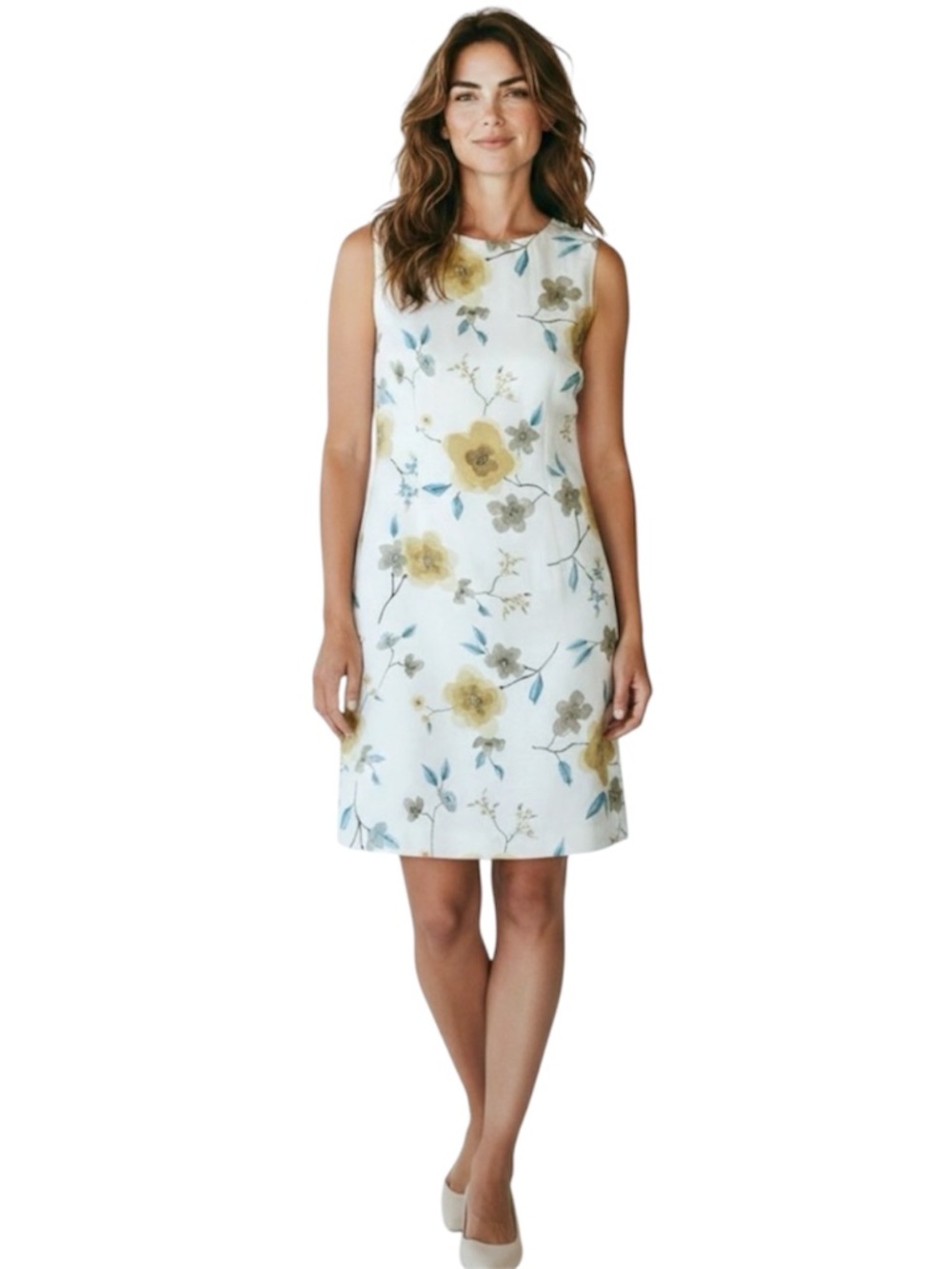 Ann Taylor 100% Silk Floral Sleeveless Sheath Dress, Cream Yellow, Size 10